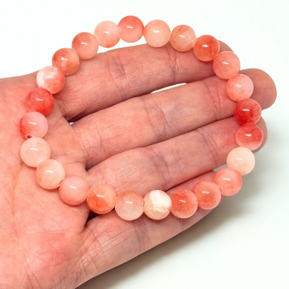 Strawberry Pink Agate Stone Beaded Bracelet 8MM Stretchy Handmade Jewelry - Picture 6 of 12